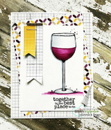 A grid paper card with a wine glass filled with plum watercolor, a yellow flag accent and the sentiment 'together is the best place to be'.