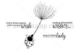 Line-art stamp of a ladybug floating on a dandelion seed with 'hang in there lady' and 'every dream begins with a simple wish' – Hang in There Lady by Lisa Arana.