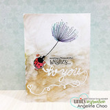 Card with the dandelion and ladybug over a soft watercolor wash, 'wishes to you.'