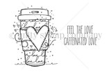 Line-art stamp of a to-go coffee cup wrapped in a big heart with 'Feel the love' and 'Caffeinated love.'