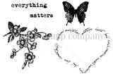 Stamp sheet: 'everything' and 'matters' in typewriter type, a textured butterfly, a sketched blossom branch, and a heart outline made of handwritten words