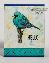 Card with the bird coloured bright teal over a yellow and green sunburst-stencilled panel, a teal polka-dot strip, and a black Hello.