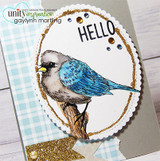 Blue gingham card with the bird in bright blue on a white scalloped oval, gold glitter paper, amber gems, and a bold Hello.