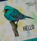 Card with the bird in deep teal over a yellow and green stencilled starburst with Hello in large black letters.