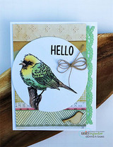 Card with the bird in yellow and teal in a blue circle over eyelet and chevron papers with green trim and Hello.
