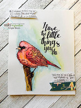 Card with the bird in coral on a soft yellow-green wash with handwritten script and the I love the little things you do sentiment.