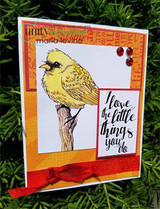 Bright card with the bird in yellow over orange text-print paper with red ribbon and the I love the little things you do sentiment on a white panel.