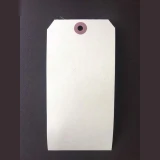 Blank manila shipping tag in a medium size with a reinforced eyelet at the top, photographed flat on a dark background.