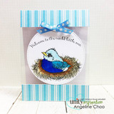 Sample card with a blue bird in a circle and 'Welcome to the world little one' with a blue bow and striped paper.