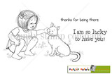 Stamp sheet: a little girl with a bow in her hair crouching in the grass to pet a smiling cat, with 'thanks for being there' and 'I am so lucky to have you!'.