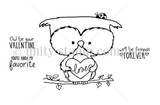 Line-art stamp of a round owl on a branch holding a 'love' heart, with 'Owl be your valentine', 'We'll be friends forever' and 'You're kinda my favorite.'