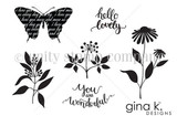 Silhouette-style stamp set of two butterflies with text-patterned wings, coneflowers and wildflower stems, plus the script sentiments 'hello lovely' and 'You are Wonderful.'