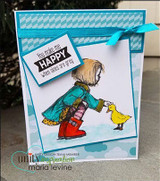 Blue raindrop-patterned card with a teal ribbon: the girl in a teal coat and red boots greets the yellow duckling under “You make me HAPPY when skies are grey.”