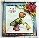 Navy card with paper flowers and greenery: the girl in a green coat and pink boots with her duckling beneath “FRIENDS get us through rainy days.”