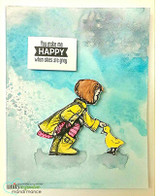 Soft teal watercolor card: the girl in a yellow coat with pink boots and her duckling beneath a black “You make me HAPPY when skies are grey” label.