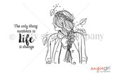 Constance Girl red rubber stamp set from Unity Stamp Co — a sketched girl seen from behind with a long braid and jacket among autumn leaves — shown on the black-line stamp sheet with sentiment stamps including “The only thing constant in life is change”.