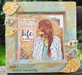 Handmade card made with Unity Stamp Co’s Constance Girl red rubber stamp set — a sketched girl seen from behind with a long braid and jacket among autumn leaves — stamped and colored, with the sentiment “The only thing constant in life is change”.