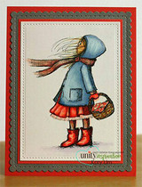 Card of the girl in a blue coat and red skirt framed in gray and red, with a coloring focus.
