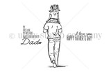 Outline stamp sheet of a dad carrying a young daughter on his shoulders seen from behind, with "Happy Father's Day" and "My first love my first hero Always and forever my Dad."