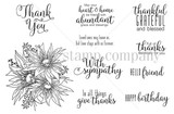 Black-and-white stamp set: a large sunflower cluster surrounded by sentiments including 'Thank You,' 'With sympathy,' 'Hello friend' and 'Happy birthday.'