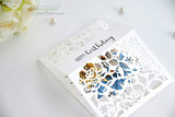 White pop-up-style card with a delicate floral cut design and 'Happy birthday' in gold.