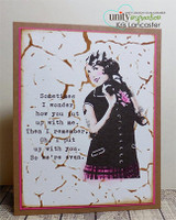 Kraft card with the black-dress lady and the full snarky sentiment on a splattered background.