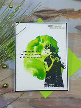 Card with the lady stamped over a bold green watercolor splash with the 'no regrets' sentiment.