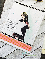 Card with the elegant black-dressed lady stamped over a soft blue background and an orange washi strip.