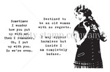 Line-art stamp of a poised woman in a black dress beside snarky sentiments 'Destined to be an old woman with no regrets' and 'inside I am completely badass' – No Regrets by Joslyn Nielson.