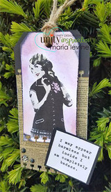 Purple-toned tag card with the sassy lady and 'Destined to be an old woman with no regrets.'