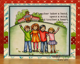 Card on red and teal patterned paper with the children colored in green, orange, red and pink below a pink schoolhouse and the teacher quote.