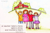Watercolor card with the children in orange, pink, red and purple below a red schoolhouse and the teacher sentiment in the corner.