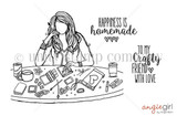 Red rubber stamp set with an AngieGirl seated at a craft table full of supplies, plus 'Happiness is homemade' and 'To my crafty friend with love.'
