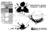 Inspired Minds stamp sheet: a grid block background, a splattered three-petal flower, a half-circle ink splotch, a splatter spray and 'beautiful minds inspire others' in typewriter text.