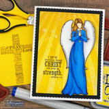 Angel girl in blue on a bright yellow scripture card, 'I can do everything through Christ'.