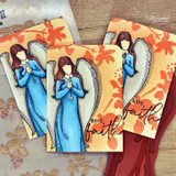 Angel girls in blue on autumn-toned cards, 'have faith'.