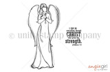 Line-art stamp of the praying angel AngieGirl with 'I can do everything through Christ who gives me strength'.