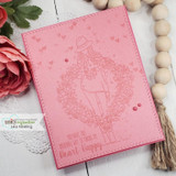Tone-on-tone pink card with the embossed wreath girl.