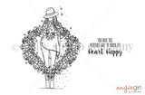 Line-art red rubber stamp of a stylish girl in a hat standing in a large floral wreath, 'you have this incredible way of making my heart happy.'