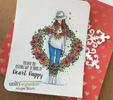 Card with the colorful wreath girl on a red heart-print panel.