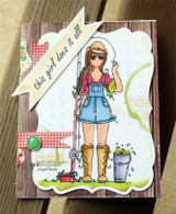 A woodgrain card with the sunglasses girl colored in blue and red on a cloud panel, with a white banner reading 'this girl does it all'.