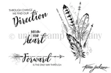 Line-art stamp sheet with a bundle of sketched feathers and arrows and three sentiments: through change we find our direction, follow your heart, and forward is the only way through.