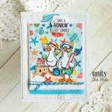 Beach-themed card with two playful geese, a sandcastle, and the sentiment, “Have a Honkin’ Good Summer.”