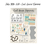 Unity Whit Kit July 2026 'Cool Goose Summer' card kit layout with the goose beach stamp set, coordinating paper pack, ephemera, embellishments, and border stencil.
