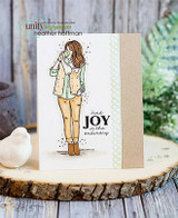 Card with the coffee girl in soft neutrals on a wood slice and 'Find joy in the ordinary.'