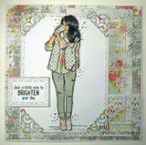 Ornate card with the girl in gray on floral papers and 'Just a little note to brighten your day.'