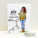 Clean card with Brystl in a green vest, black twine bow and 'Find joy in the ordinary. Anything is possible.'