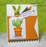 Green and orange card with a watercoloured cactus in an orange chevron pot, a green ribbon bow, and the sorry for being such a prick tag.