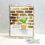 Neutral card with a stencilled brick wall, a small green cactus in a yellow pot, and the sorry for being such a prick sentiment along the bottom.