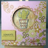 Pink and gold floral card with a circular window framing the cactus, a lace border, and the congrats sentiment on a scalloped tag.